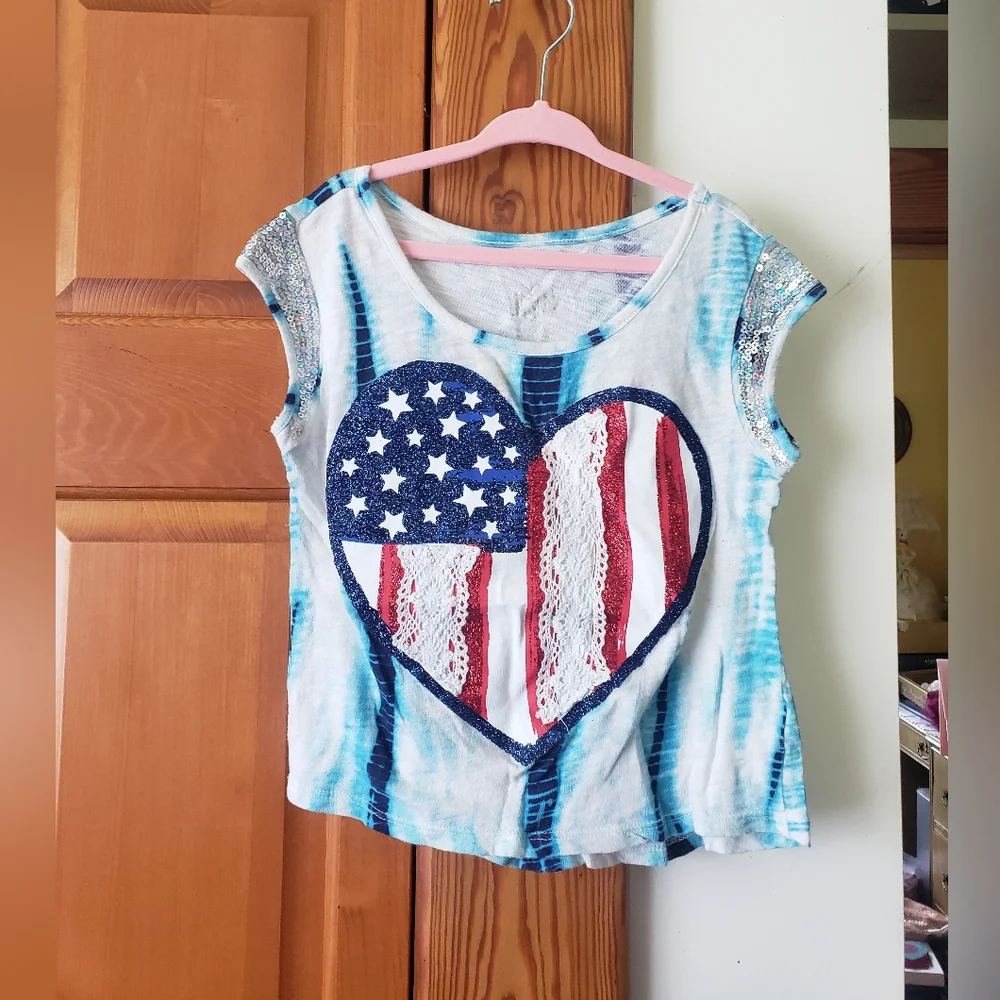 Girls Justice Patriotic Tie Dye Heart Flag Sequin Top Crochet Lace 7